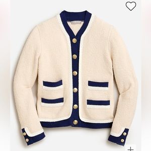 J. Crew Cream and Navy Bouclé Trimmed Cardigan